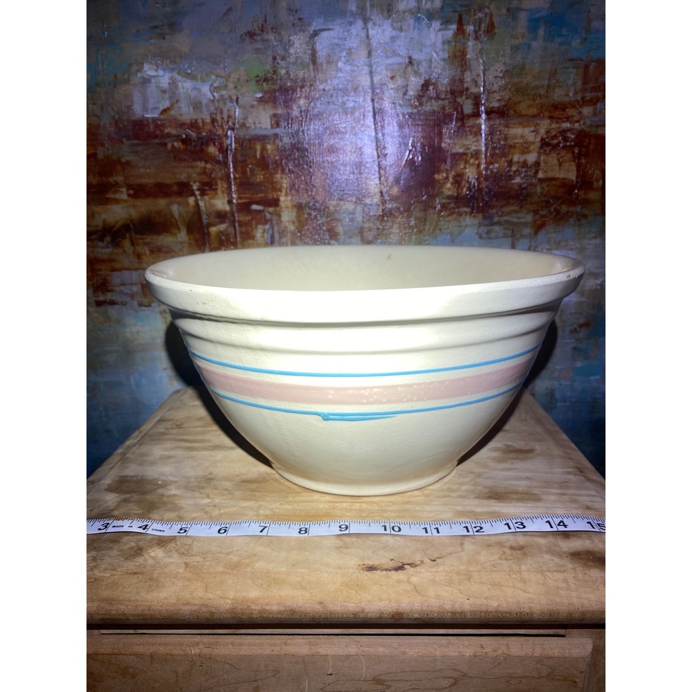 Vintage Yellowware Mixing Bowl Large Cream Stoneware Pink Blue Stripes 12 Inch